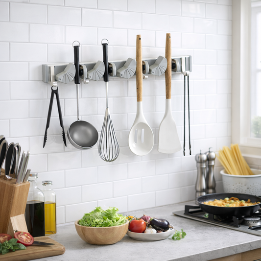 Space-Saving Wall Mounted Tool Organizer with 4 Adjustable Slots & 4 Hooks