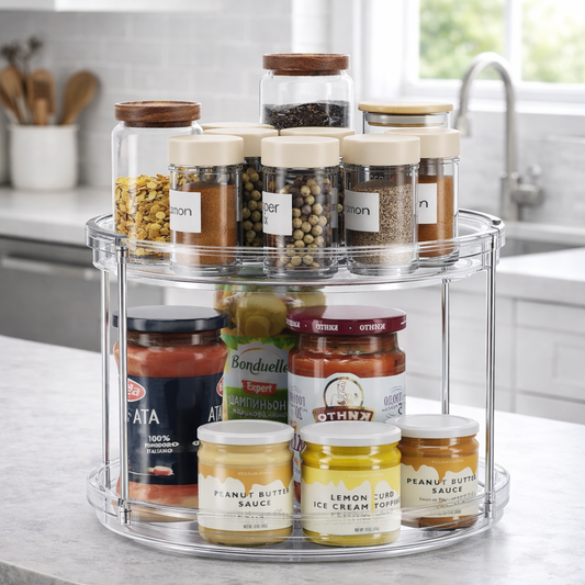 2-Tier Rotating Lazy Susan Spice Organizer – Clear Acrylic Turntable for Kitchen, Bathroom, Countertop, and Vanity Storage