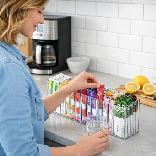 Multi-Purpose Drink Packet Organizer with Removable Dividers, Adhesive & Magnetic Mounting, Durable Acrylic Design – Ideal for Tea Bags, Drink Mixes & More