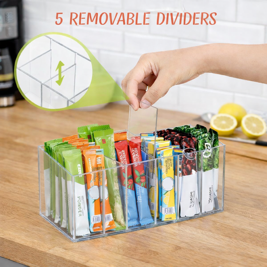 Multi-Purpose Drink Packet Organizer with Removable Dividers, Adhesive & Magnetic Mounting, Durable Acrylic Design – Ideal for Tea Bags, Drink Mixes & More