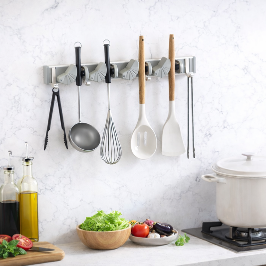 Space-Saving Wall Mounted Tool Organizer with 4 Adjustable Slots & 4 Hooks